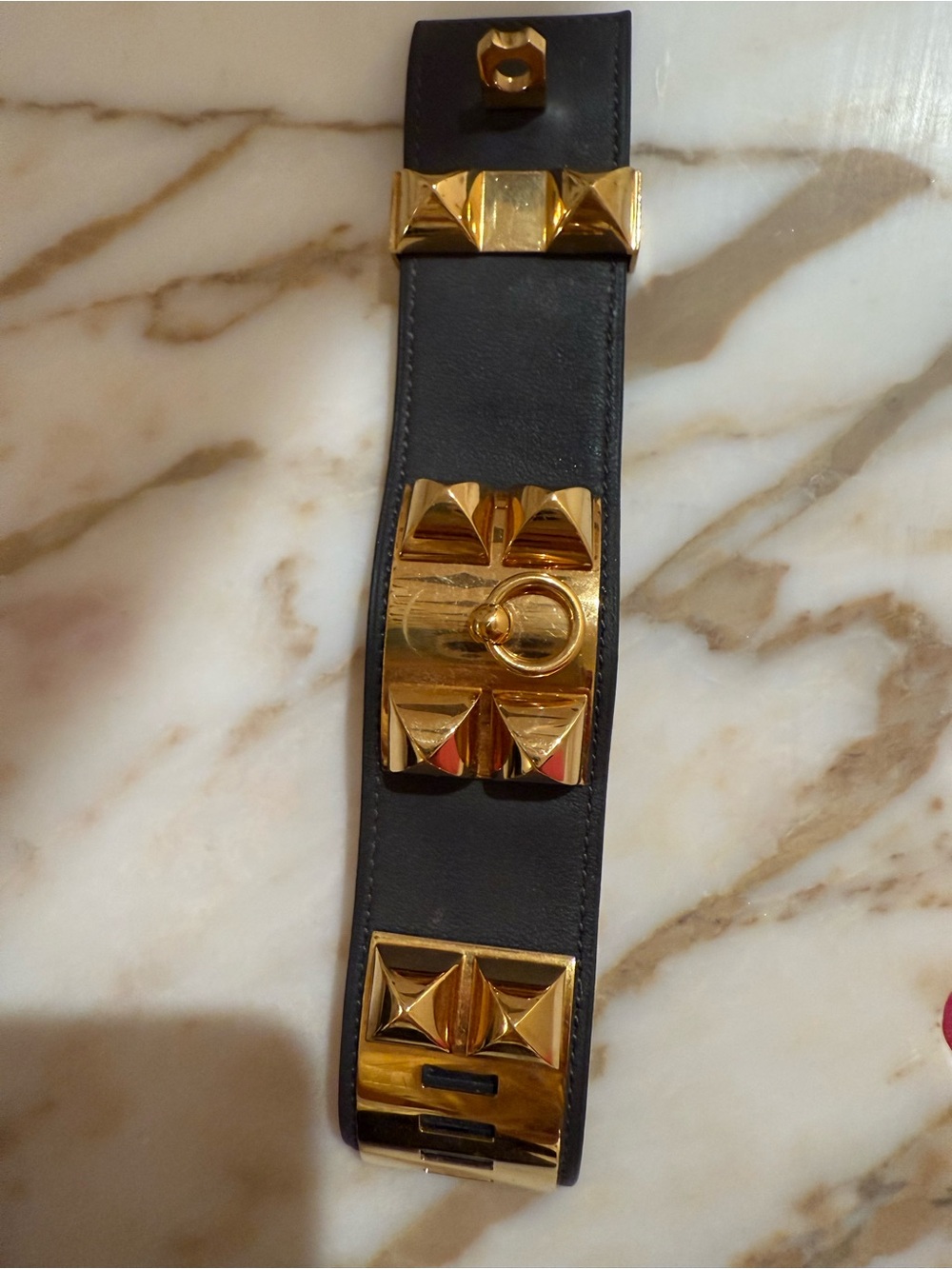 Hermes Black  Collier de shin with Gold Pyramid Hardware authentic guaranteed